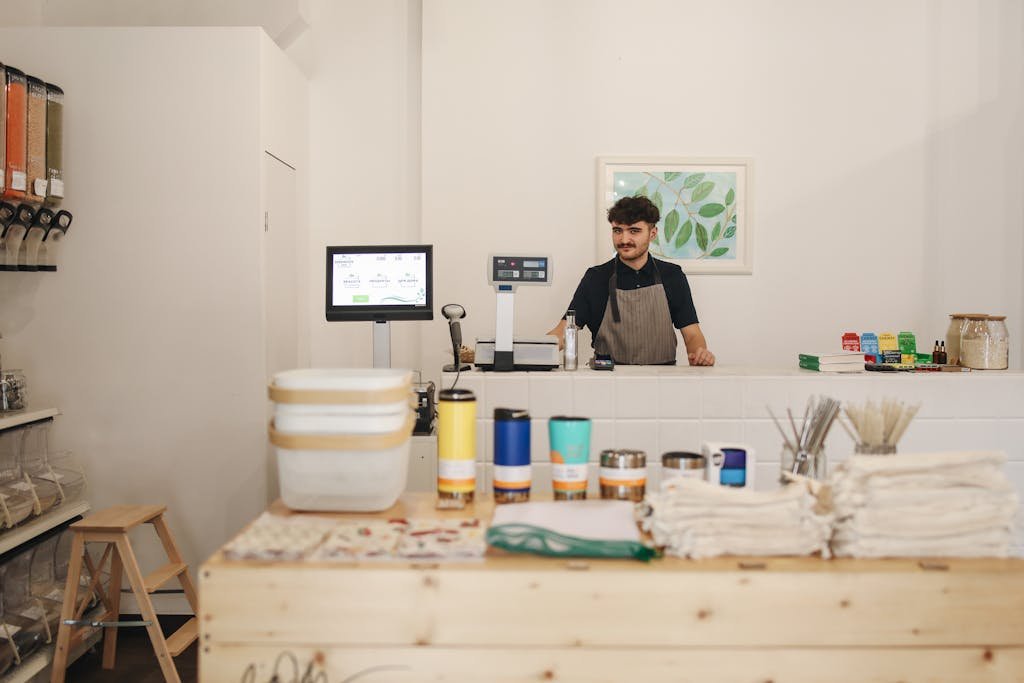 A modern retail store featuring eco-friendly, zero-waste products and a smiling cashier.